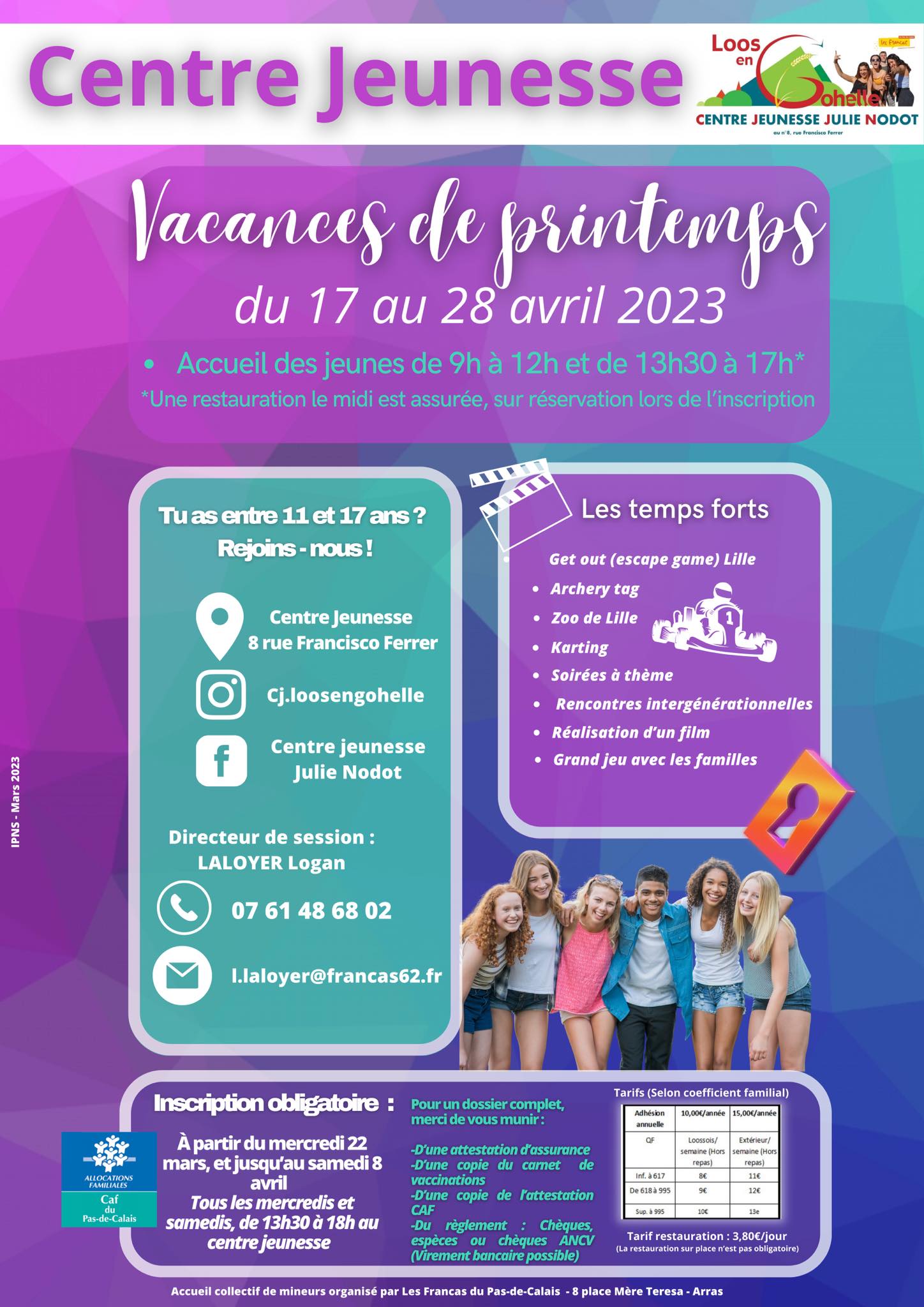 Inscriptions centre jeunesse – Vacances d’avril