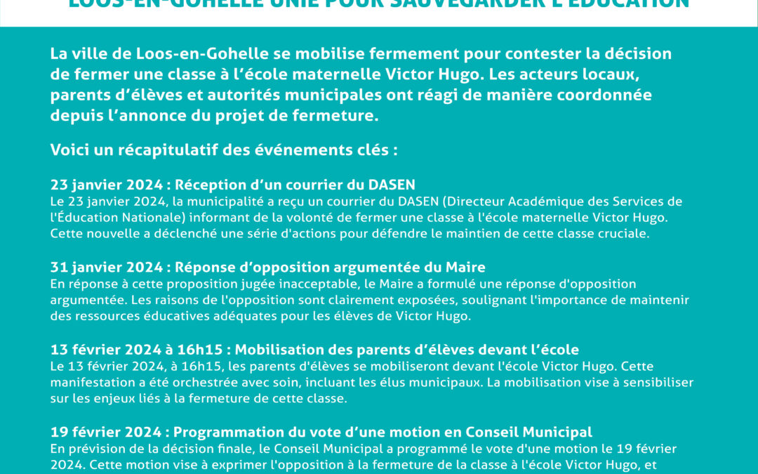 Mobilisation contre la fermeture d’une classe à l’école Victor Hugo : Loos-en-Gohelle unie pour sauvegarder l’éducation !