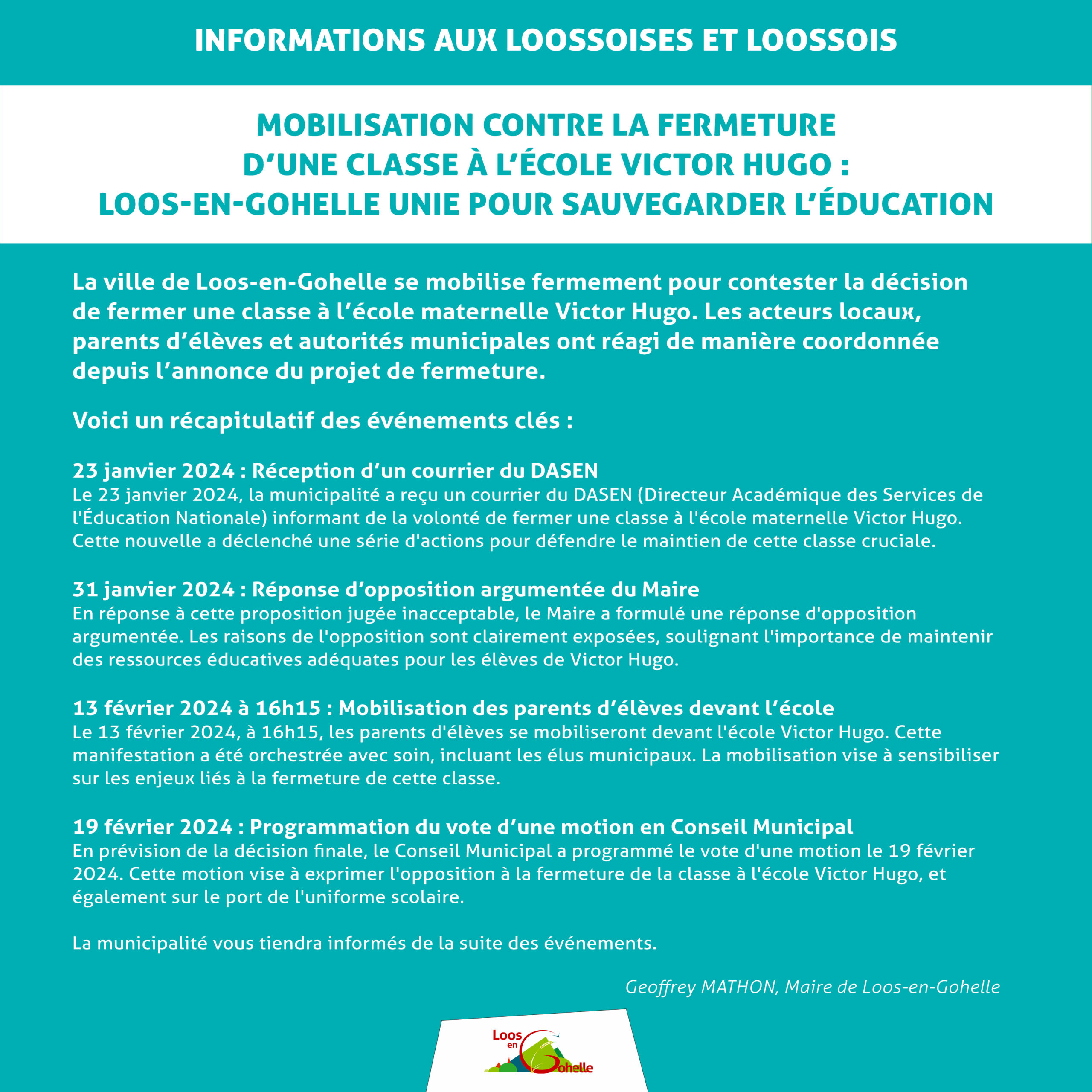 Mobilisation contre la fermeture d&rsquo;une classe à l&rsquo;école Victor Hugo : Loos-en-Gohelle unie pour sauvegarder l&rsquo;éducation !
