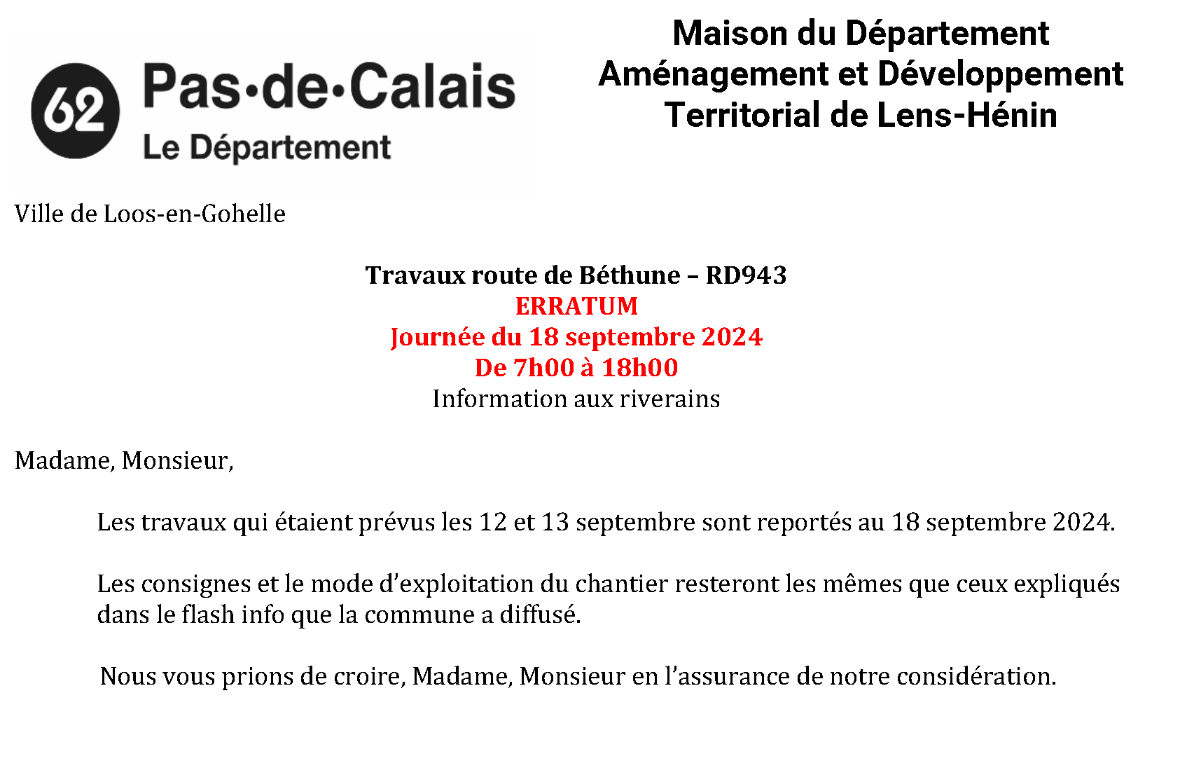 Travaux Route de Béthune